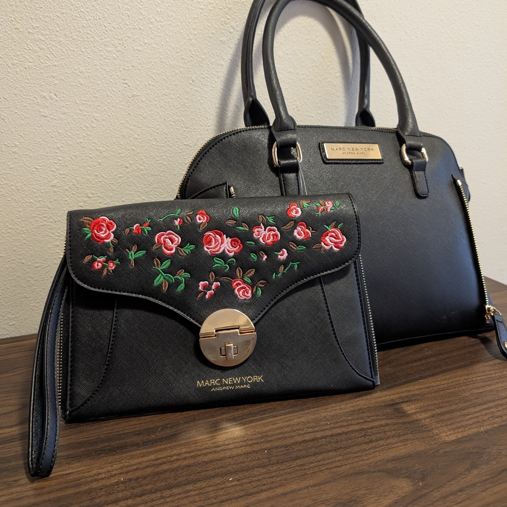 3in1 Marc New York Black Floral Embroidered Handbag Set